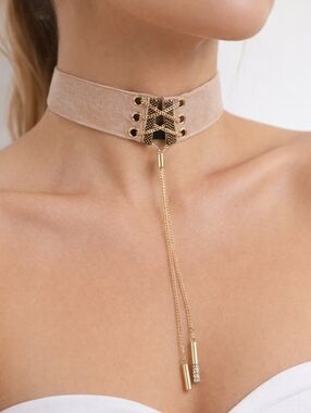 Salmon Necktie Lace-up Chocker Long Rose Gold Crystal Tassel Necklace -  Jewelry